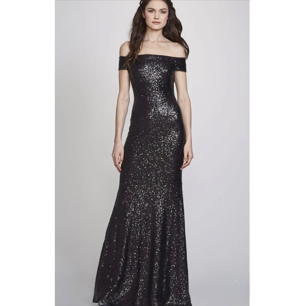 Theia Leigh Off The Shoulder Black
Sequin Gown Fit & Flare Black Tie Event Luxe